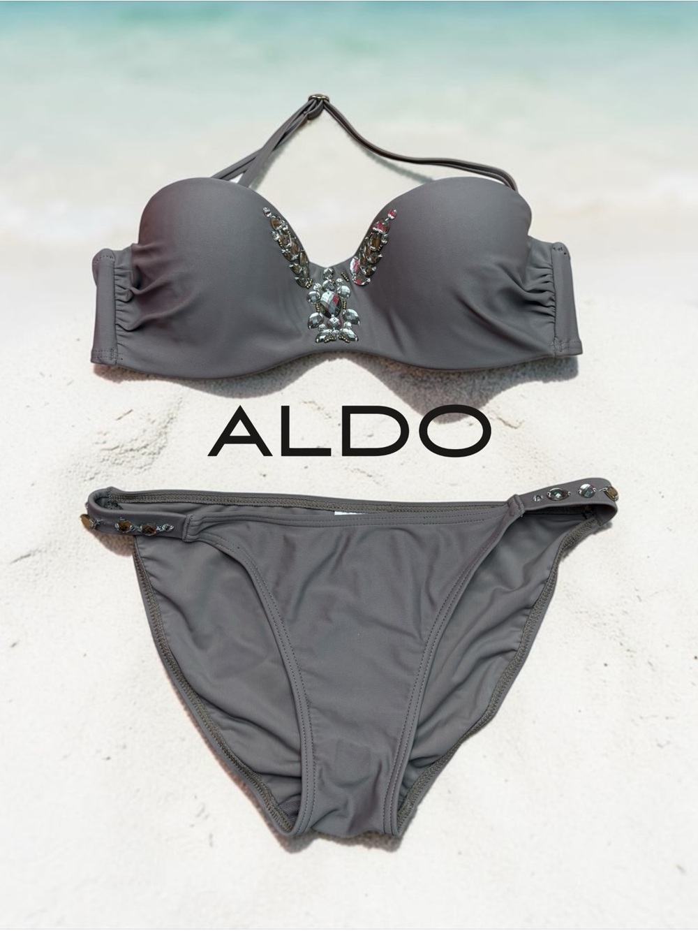 ALDO Embellished Bandeau Bikini Set Taupe Gray M Top / S Bottom Crystal Swimwear